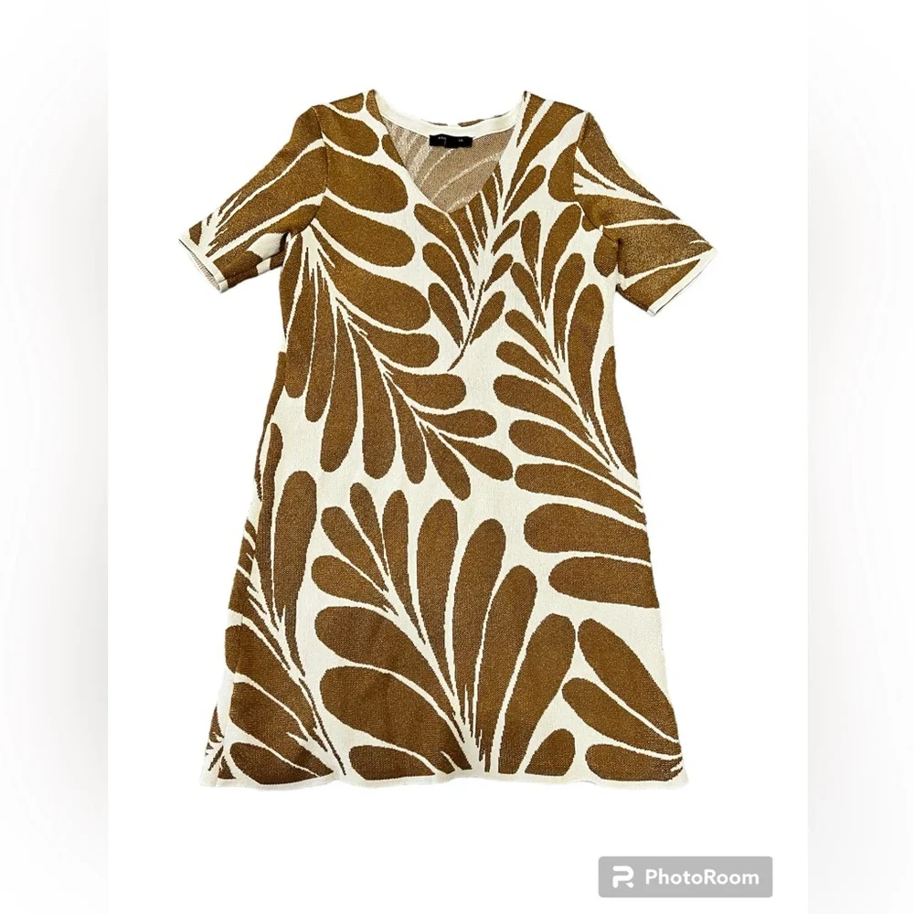 ANN TAYLOR Shimmer Leaf Petal V-neck sweater dress size MEDIUM petite gold
